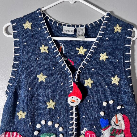 Carolina Colours Christmas Sweater Vest Snowmen Santa Stars Blue Size Small - Picture 3 of 7